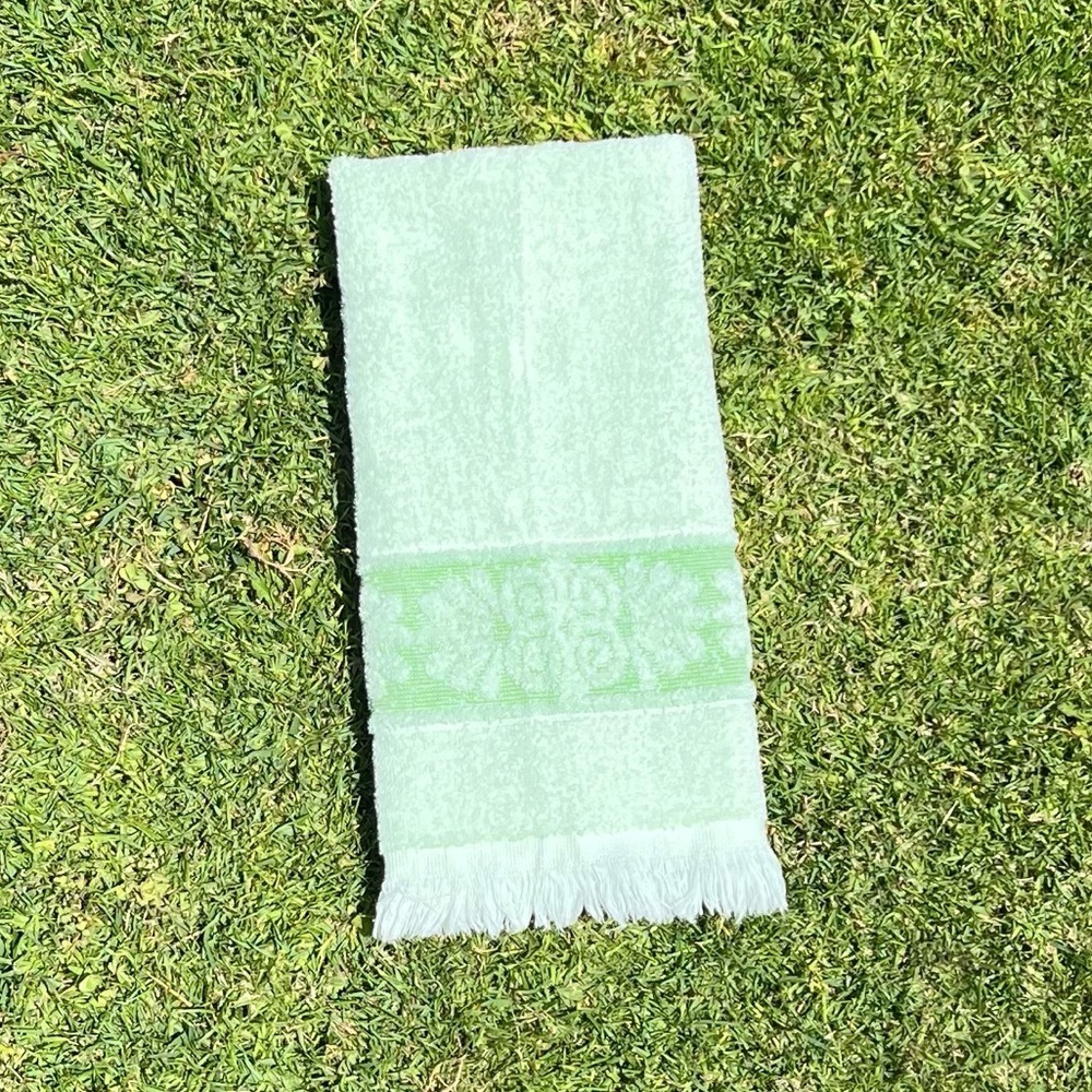 Vtg Cannon Santa Cruz Scroll Hand Towel Mint Green USA Sculpted Fringed MCM GUC